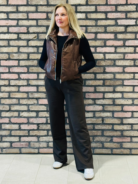 Washed Faux Leather Vest - Coffee