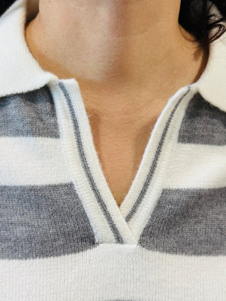 Striped Collared Pullover - H Grey
