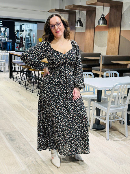 Floral Print Smocking Back Dress - Black