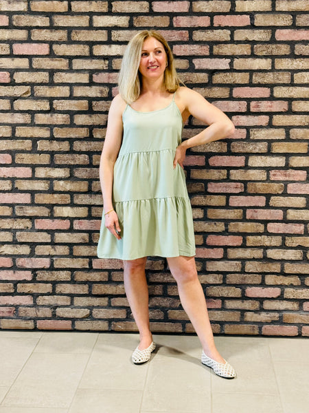 Tiered Spaghetti Straps Dress - Sage