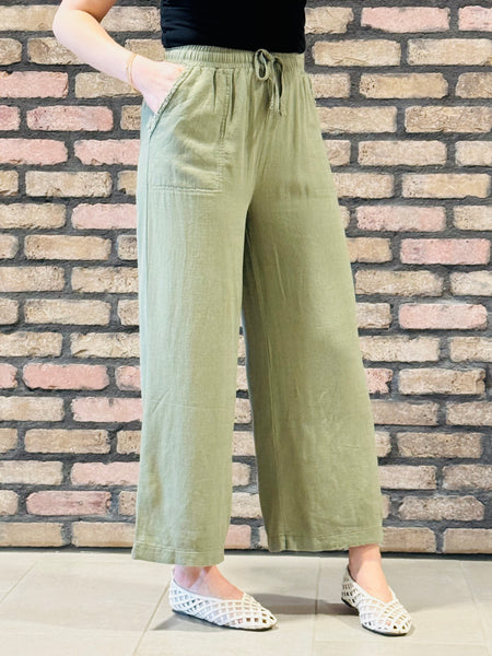 Wide Leg Linen Blend Pants - LT Olive