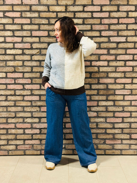 Colourblock Front Seam Sweater - Grey Multi