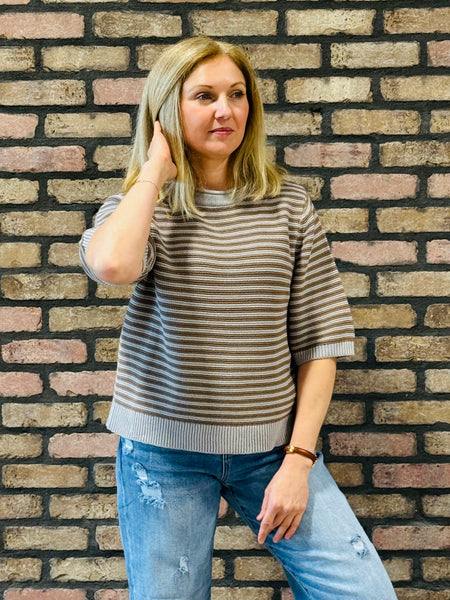 Striped Half Sleeve Sweater - Light Grey