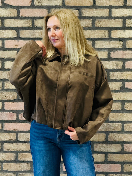 Faux Suede Collared Jacket - Dark Brown