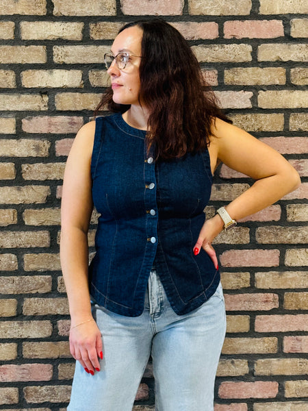 Button Down Denim Vest - Dark Wash