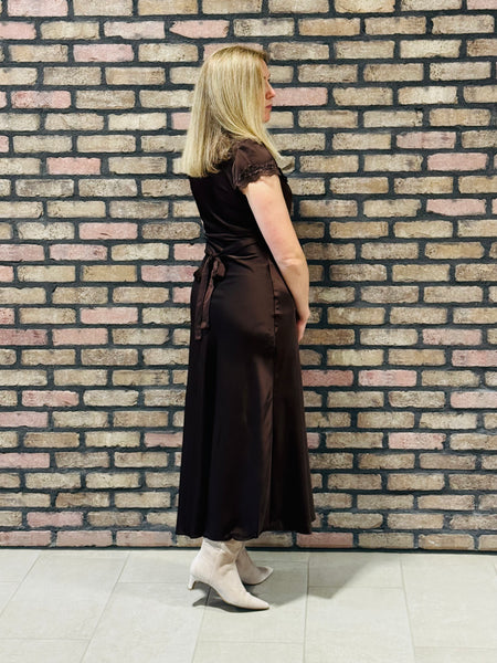 Satin Lace Trim Midi Dress - Chocolate
