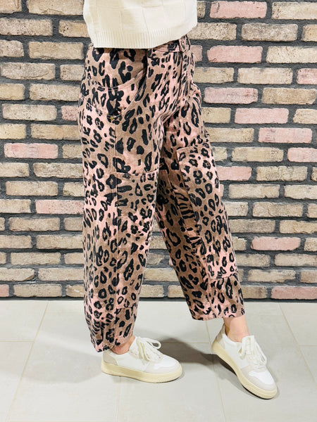 Vintage Wash Leopard Barrel Pants - Mocha/Mauve