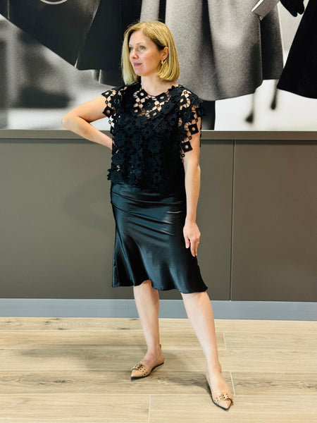 Satin Midi Skirt - Black