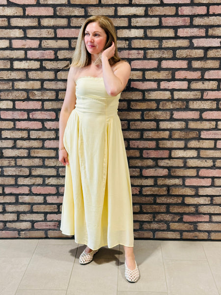 Strapless Gathered Detail Dress -  Butter Yellow