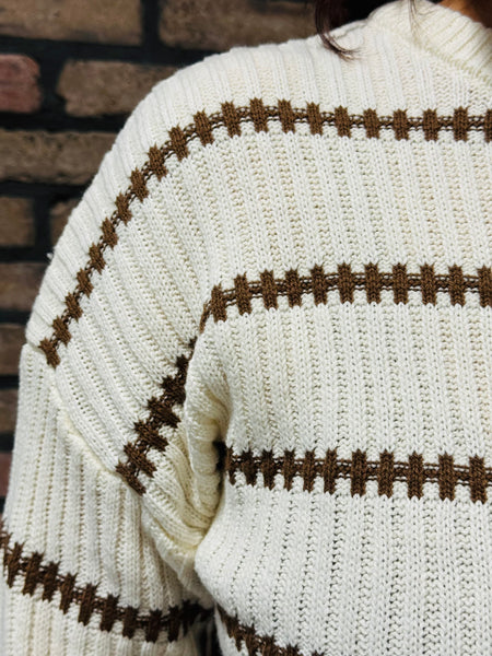 Striped Ribbed Knit Sweater - Cream
