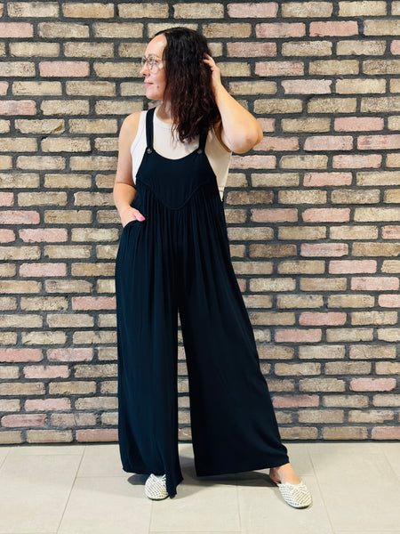 Woven Rayon Crepe Overalls - Black