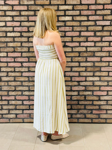 Striped Pleated Strapless Dress - Olive