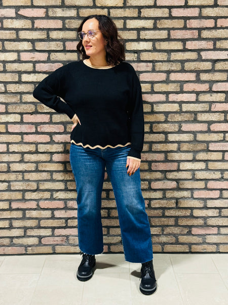 Contrast Scallop Trim Sweater - Black