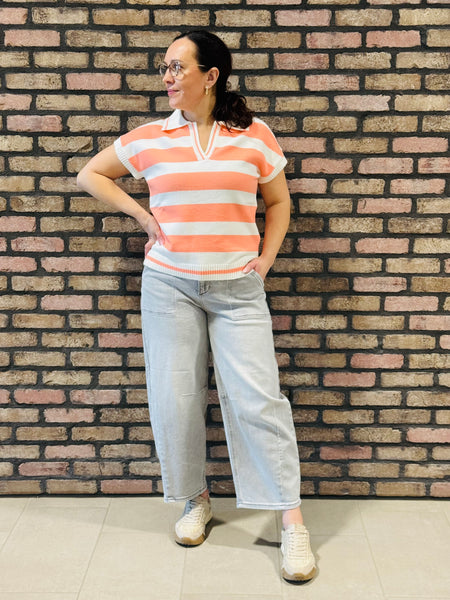 Striped Collared Pullover - Coral