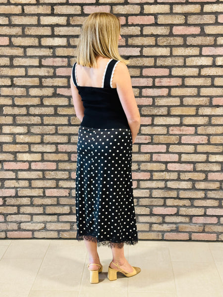 Polka Dot Lace Trim Satin Skirt - Black