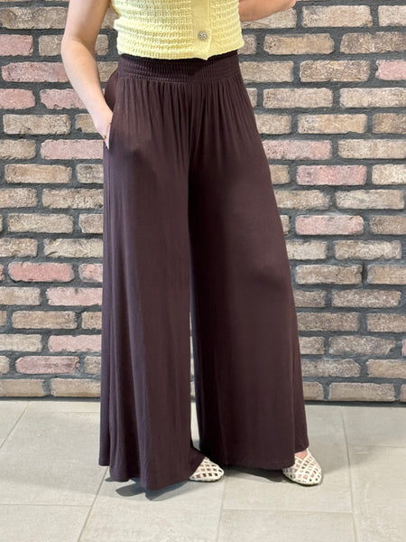 Smocked Waist Palazzo Pants - Brown