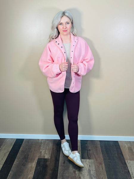 Snap Button Fleece Jacket - Dusty Pink