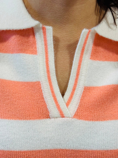 Striped Collared Pullover - Coral