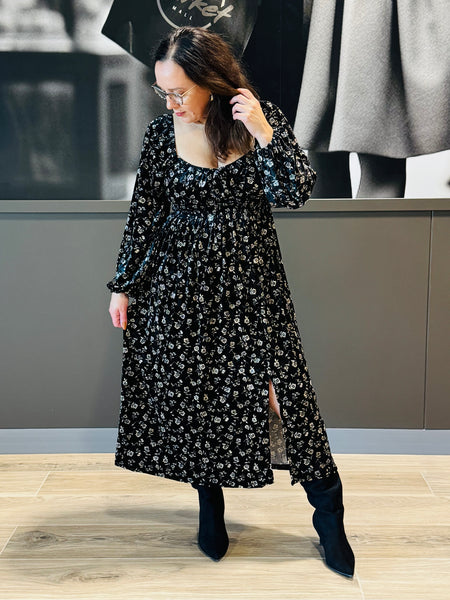 Floral Front Slit Velvet Dress - Black Multi