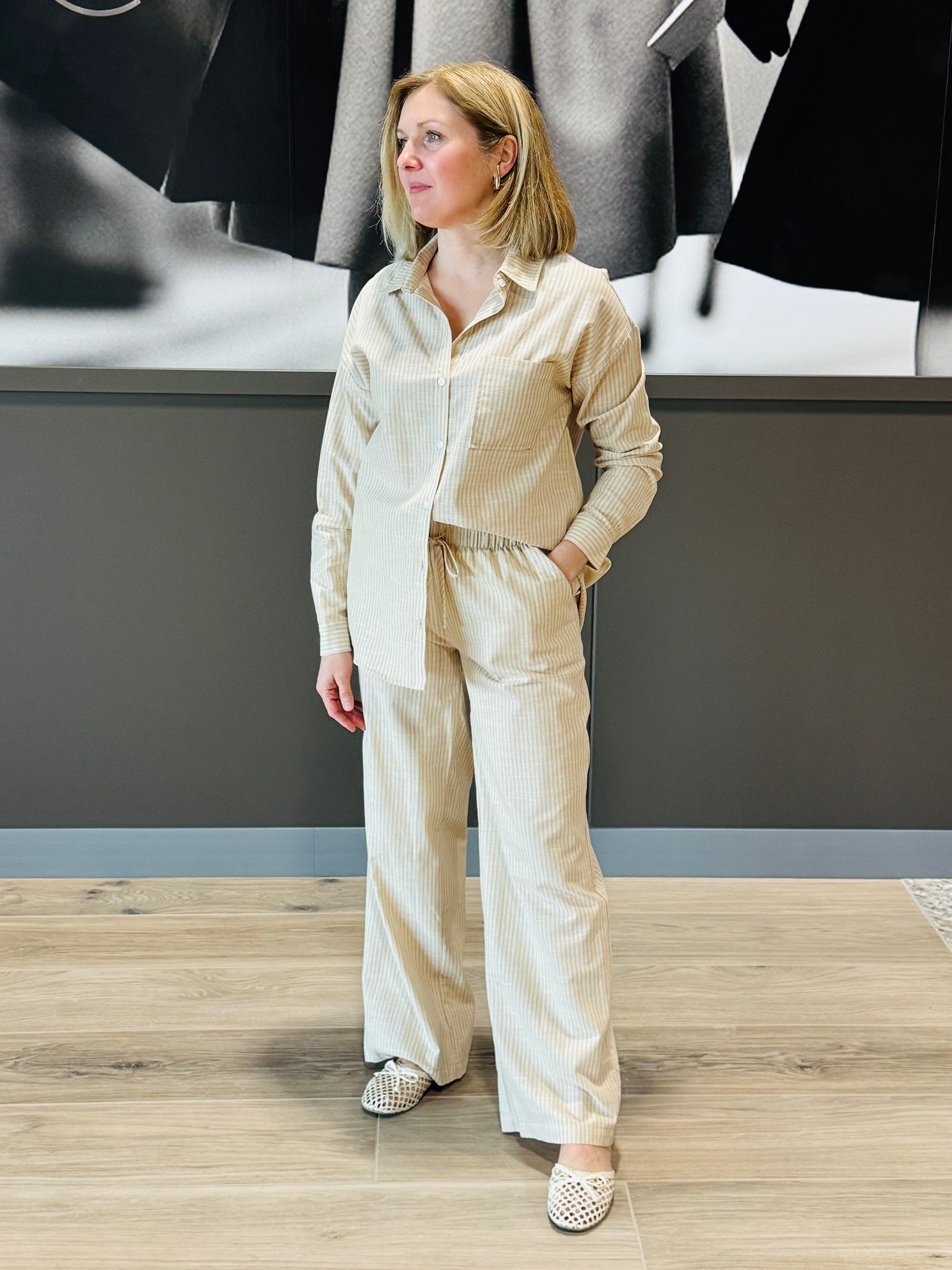 Striped Gauze Pants - Beige