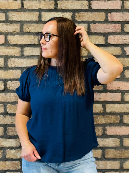 Eyelet Lace Trim Linen Top - Navy