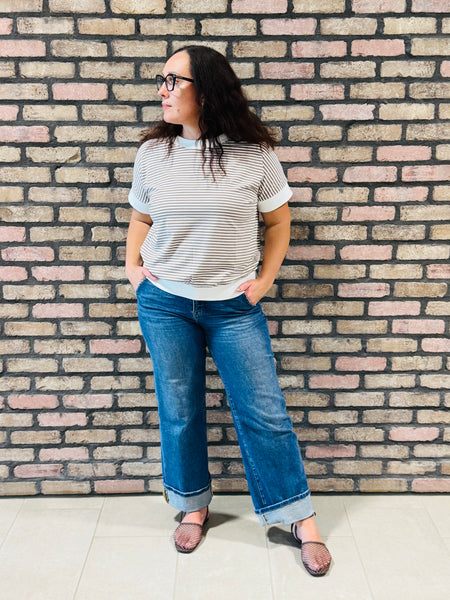Striped Contrast Trim Top - Mocha