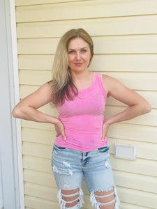 Washed Ribbed Tank Top - Candy Pink