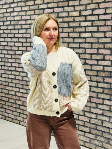 Patchwork Cable Knit Cardigan - Cream Multi