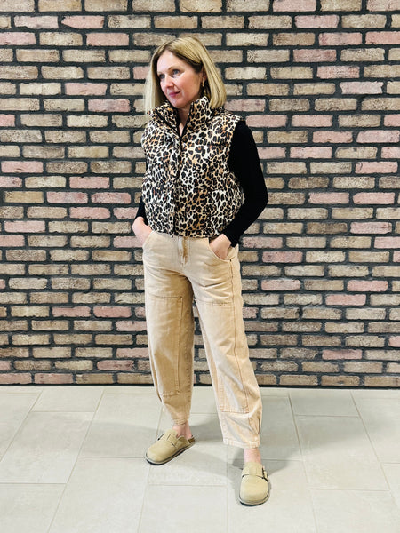 Leopard Print Puffer Vest - Camel