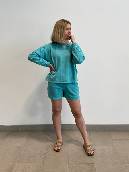 French Terry Pullover and Shorts Set - Turquoise
