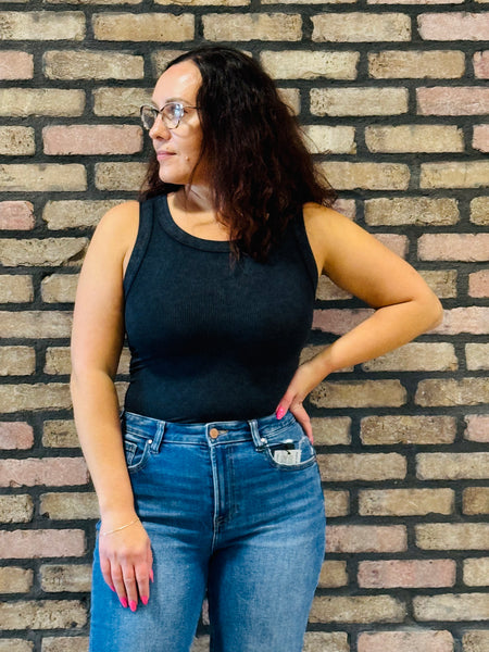 Washed Ribbed Tank Top - Black
