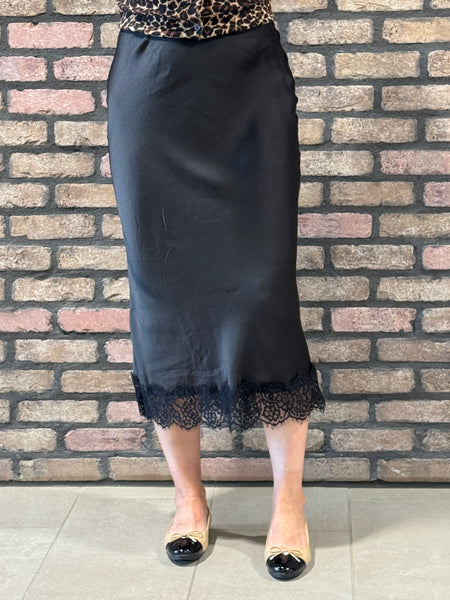 Lace Trim Satin Midi Skirt - Black
