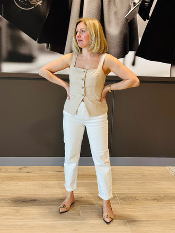 High Rise Boyfriend Cuffed Jeans - Cream