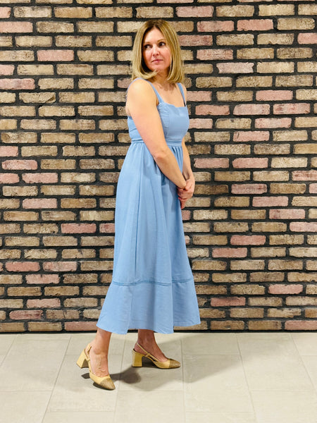 Line Lace Trim Midi Dress - Dusty Blue