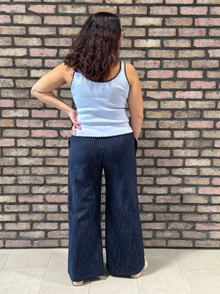 Elastic Waist Stripe Gauze Pants - Navy