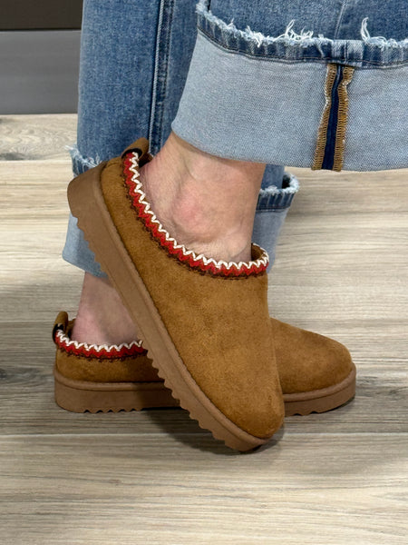 Embroidered Trim Mule Slippers - Tan