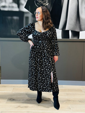 Floral Front Slit Velvet Dress - Black Multi