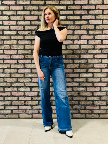 Wide Leg Waist Detail Jeans - Dark Wash