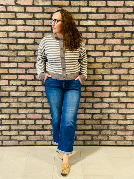 Striped Fuzzy Knit Cardigan - Mocha