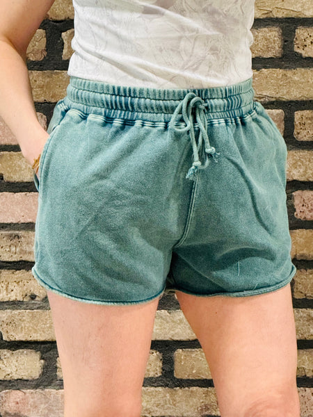 Acid Washed Elastic Waist Shorts - Dark Teal
