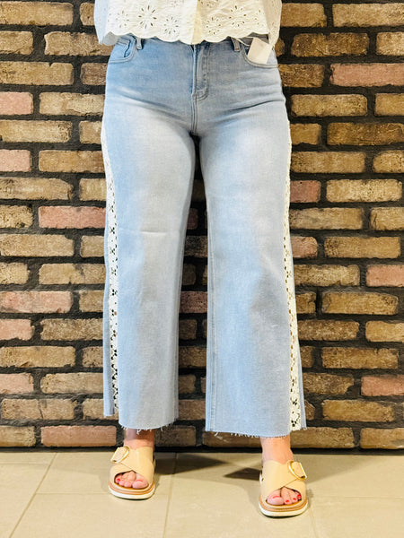 Crop Wide Flower Lace Detail Jeans - Light Wash