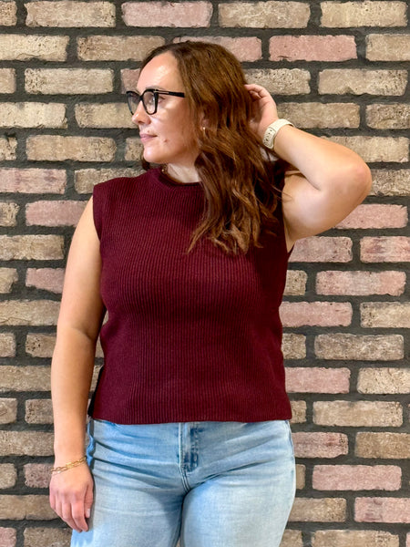 Raw Mock Neck Sweater Top - Burgundy