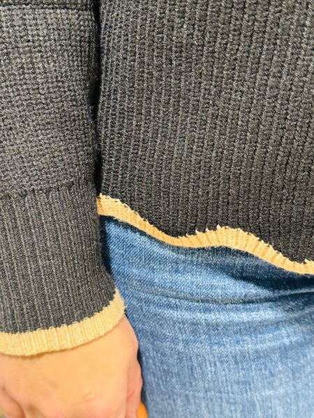Contrast Scallop Trim Sweater - Black