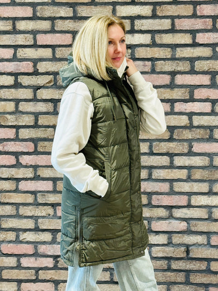 Long Puffer Vest - Olive