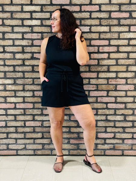 Drawstring Waist Scuba Romper - Black