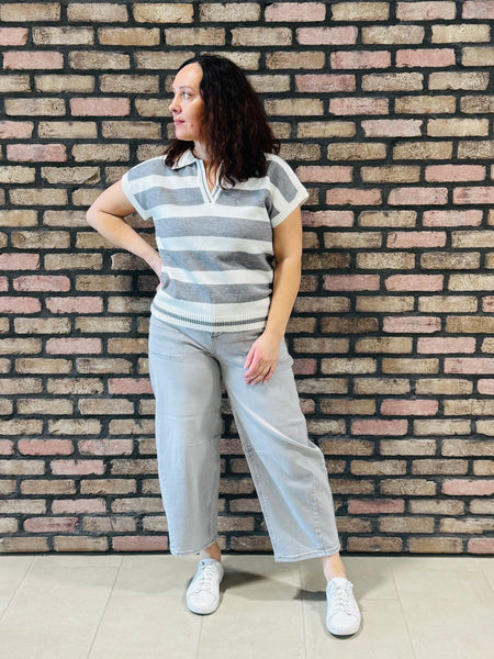 Striped Collared Pullover - H Grey