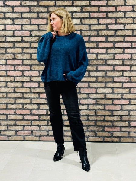 Oversized Balloon Sleeves Sweater - Teal Navy