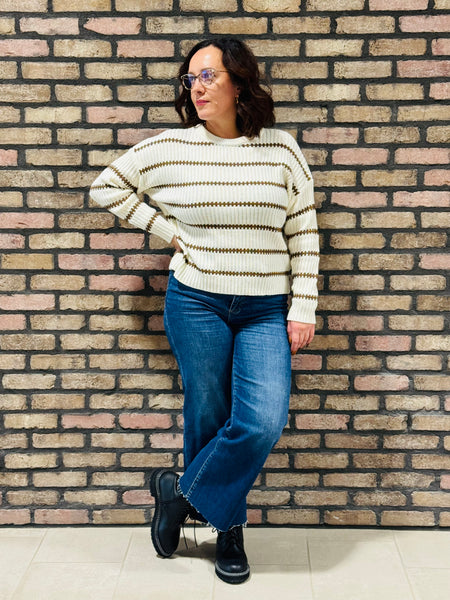 Striped Ribbed Knit Sweater - Cream