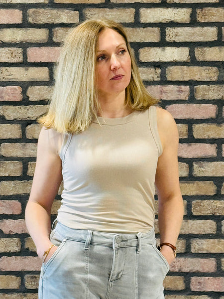 Patch Detail Ribbed Tank Top - LT Mocha
