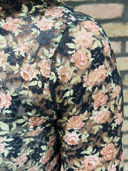 Fitted Sheer Mesh Top - Black Floral